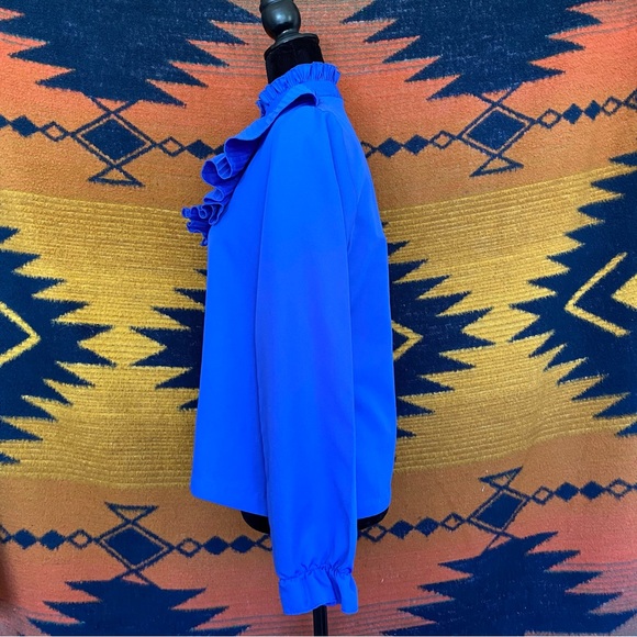 Vintage Shirley of Atlanta poly Royal Blue Ruffled button up blouse. USA. Med. - Picture 2 of 14